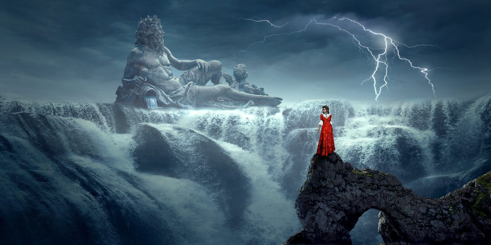 woman standing on top of gray stone fantasy waterfall landscape 2k 4k 5k