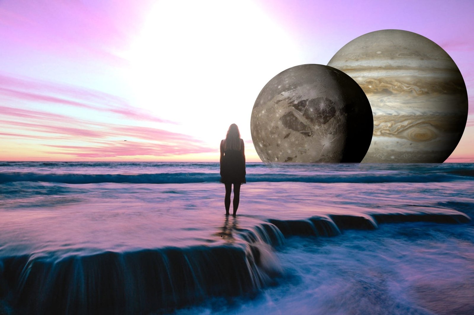 woman standing on waterfalls artwork sea ocean coast surf 2k
