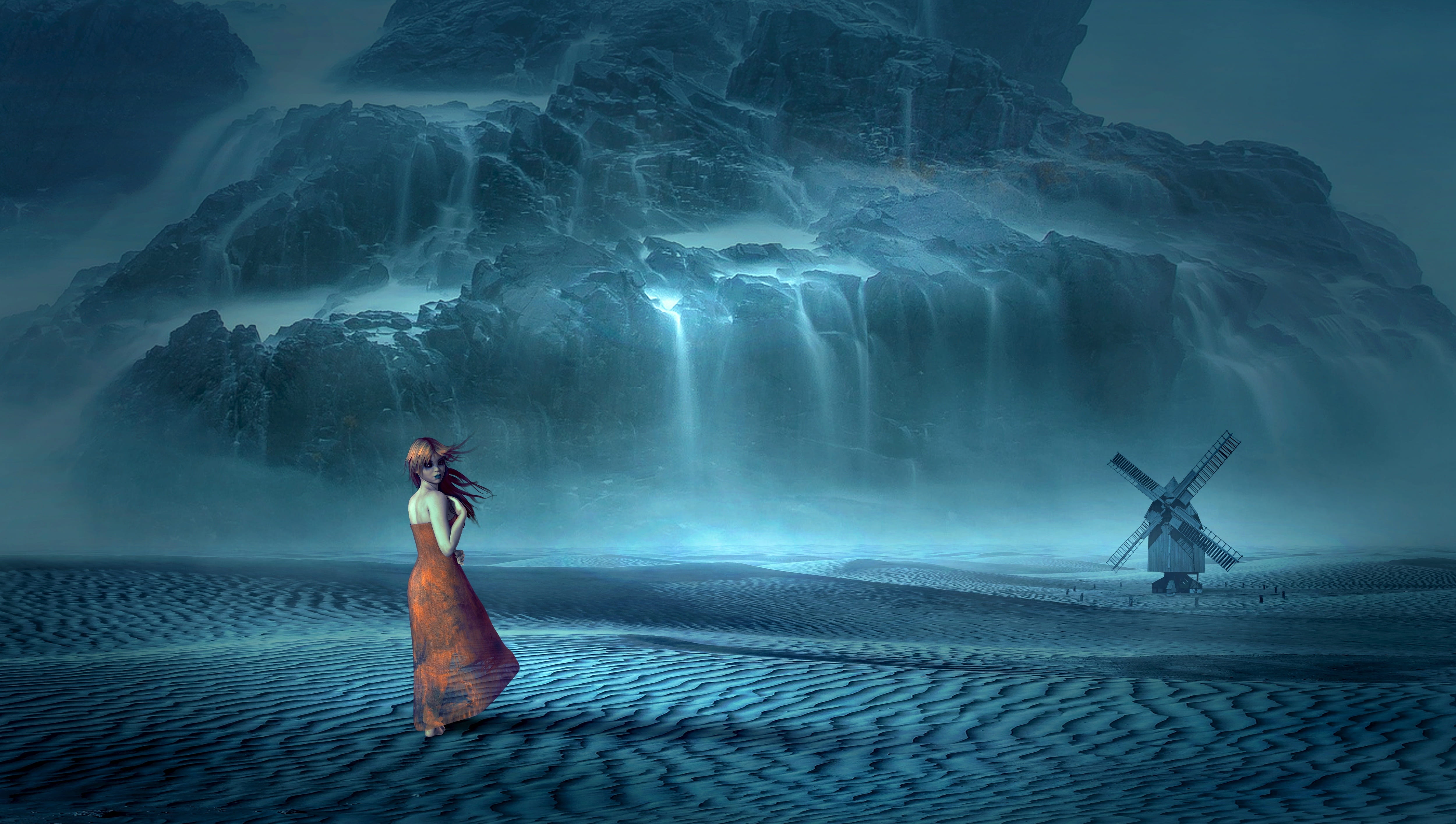 woman wearing orange dress standing on sand fantasy waterfall 2k 4k 5k
