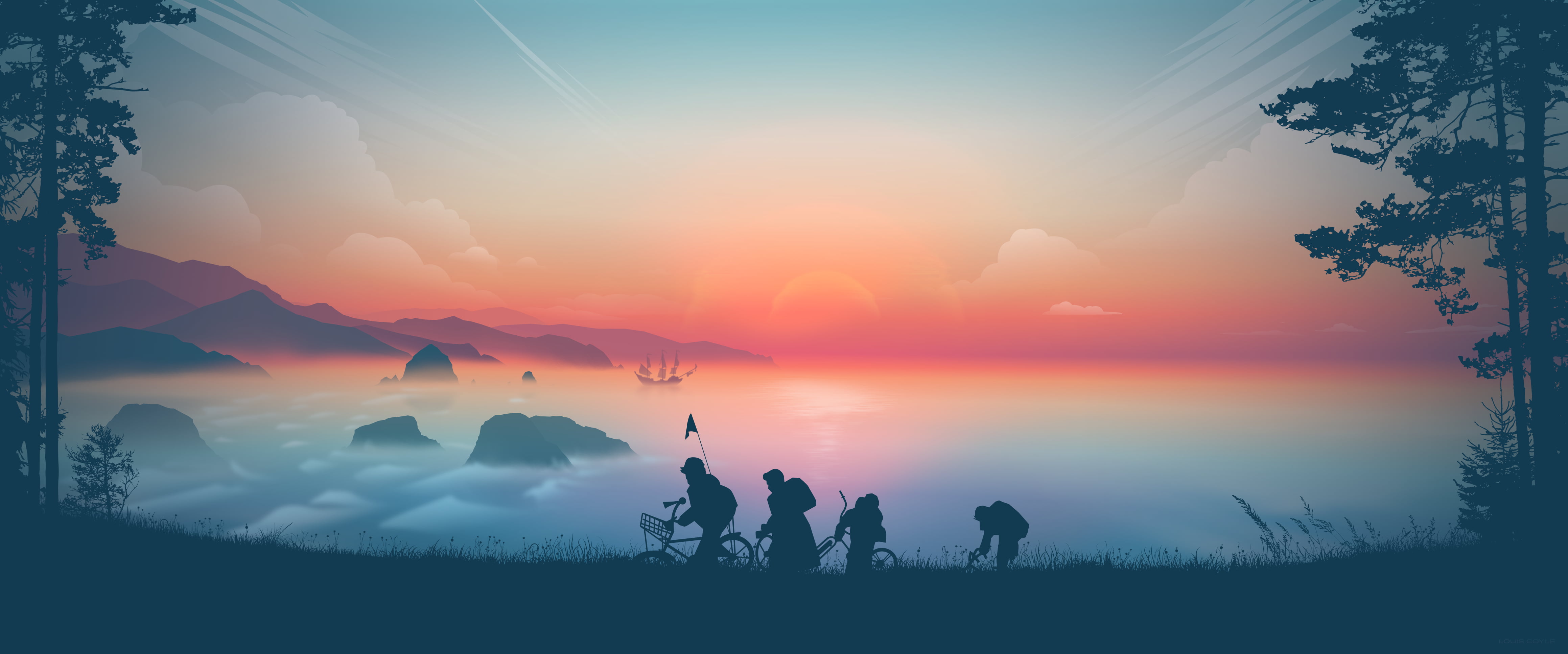 artwork digital art The Goonies sunset clouds mist Pirate ship widescreen dualmonitor dualscreen 2k 4k 5k