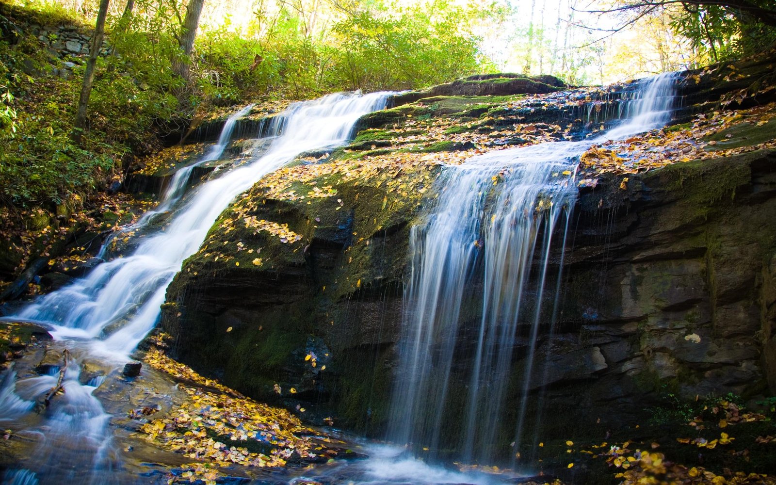 Dual Cascades waterfalls forest mounatin stream nature beautiful widescreen dualmonitor dualscreen 2k
