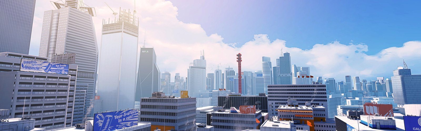 high rise buildings Mirror s Edge city CGI video games multiple display widescreen dualmonitor dualscreen 2k 4k