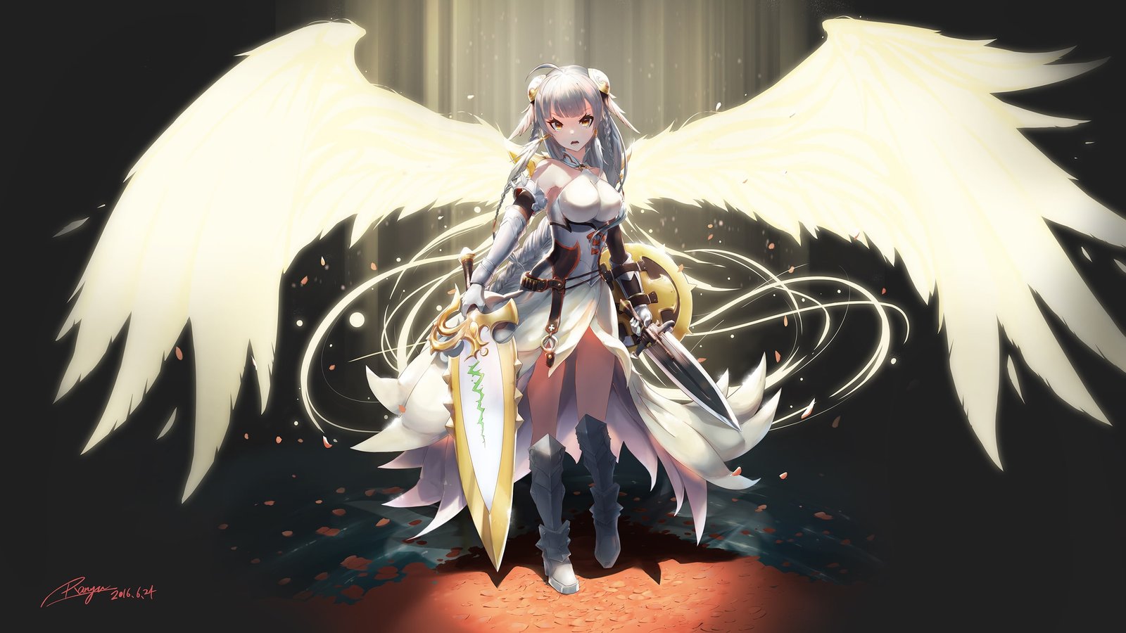 puzzle and dragons valkyrie anime game wings dual sword widescreen dualmonitor dualscreen 2k