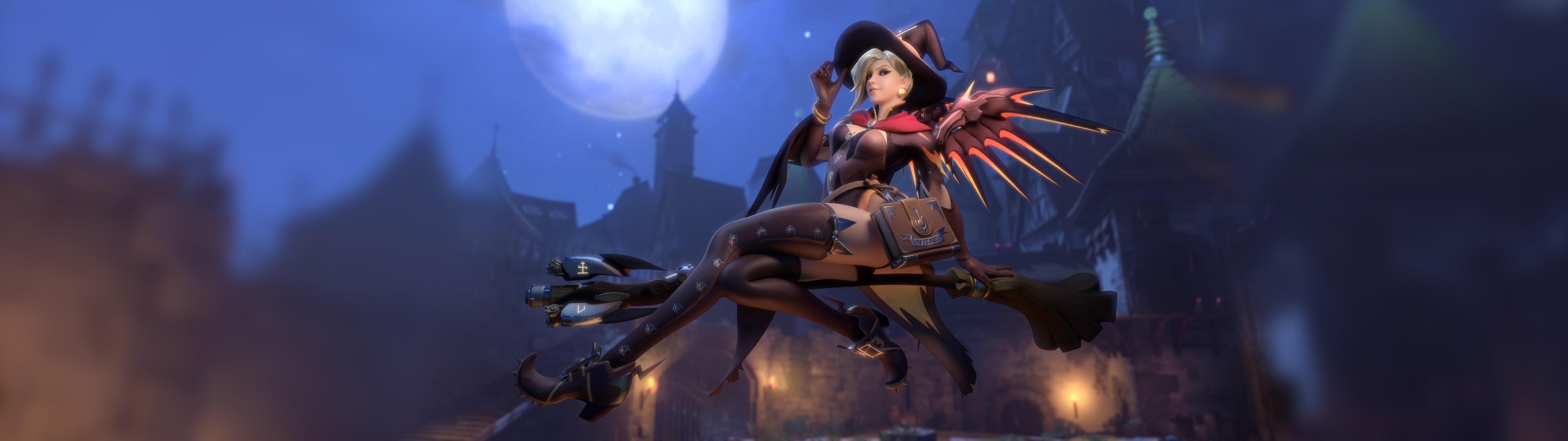 Witch Mercy Overwatch Halloween thigh highs broom widescreen dualmonitor dualscreen 2k 4k 5k