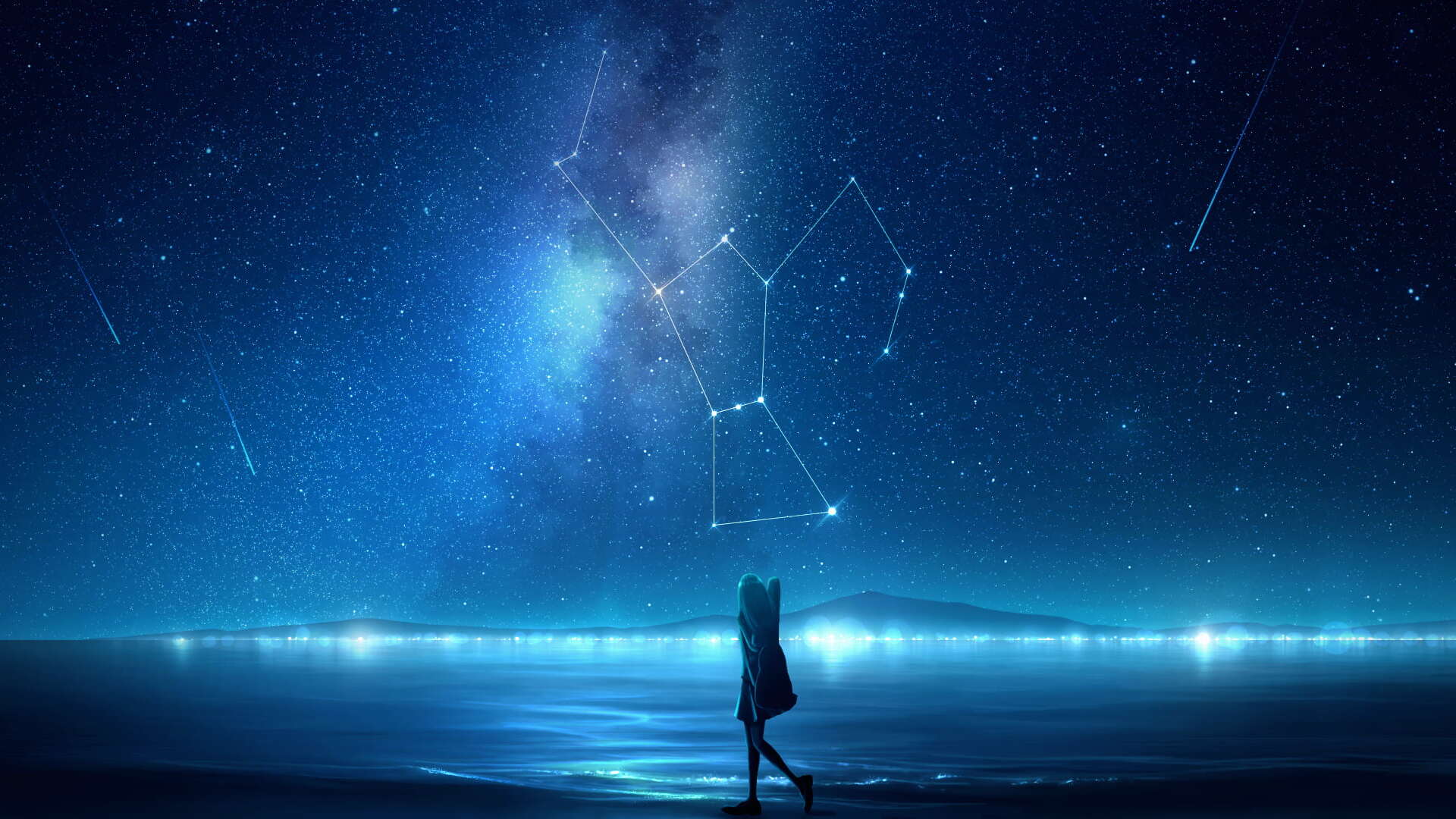 Girl on the shore under starry sky 2k