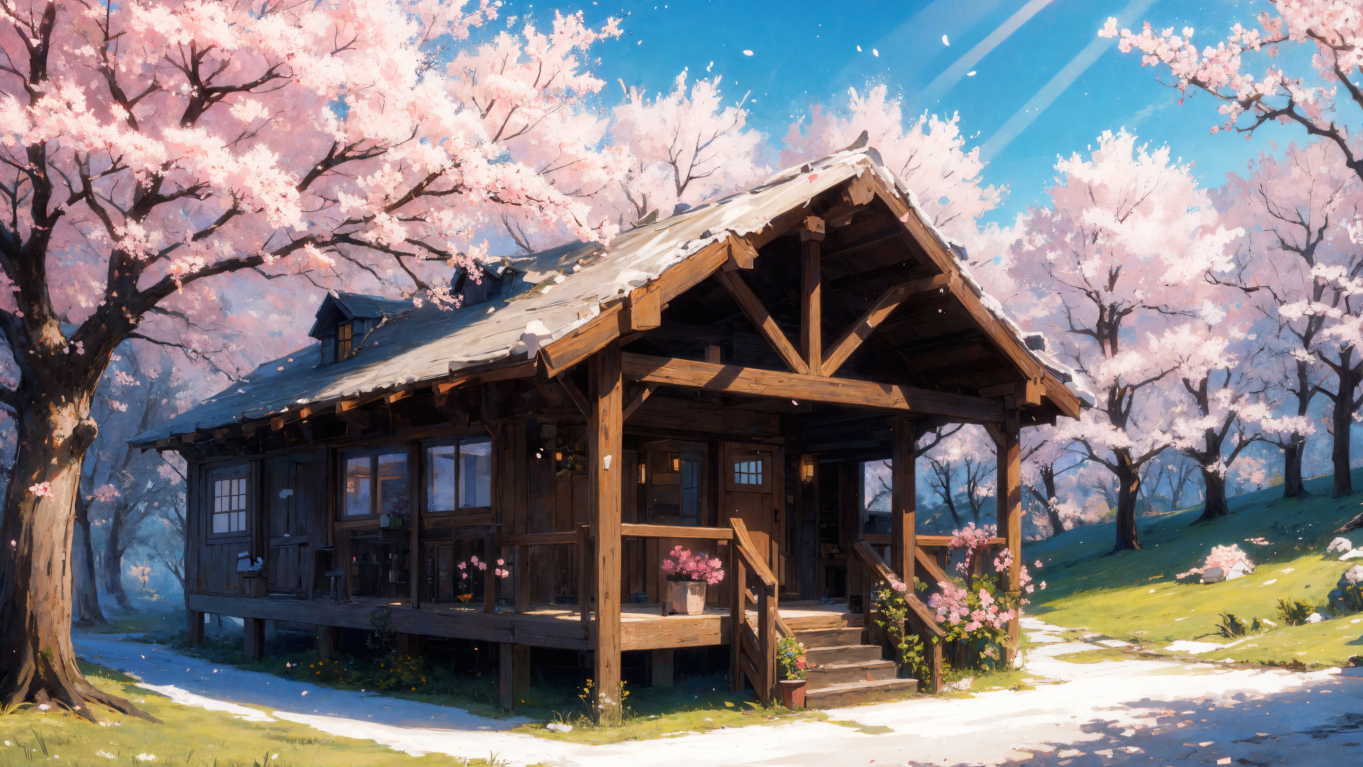 Sakura Cabin japan painting art 2k 4k